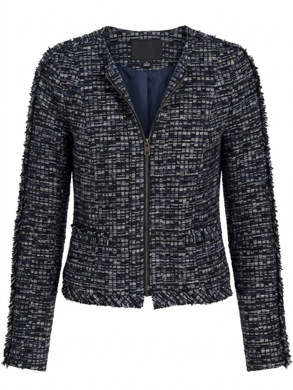 Banana Republic Tweed Zip Up Fringe Navy Off white Cotton Blend Jacket Blazer 4 - Picture 3 of 15